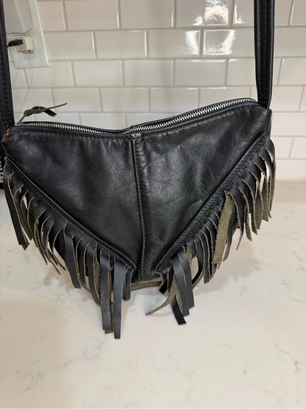 Vintage Black Genuine Leather Fringe Crossbody Bag Boho Festival